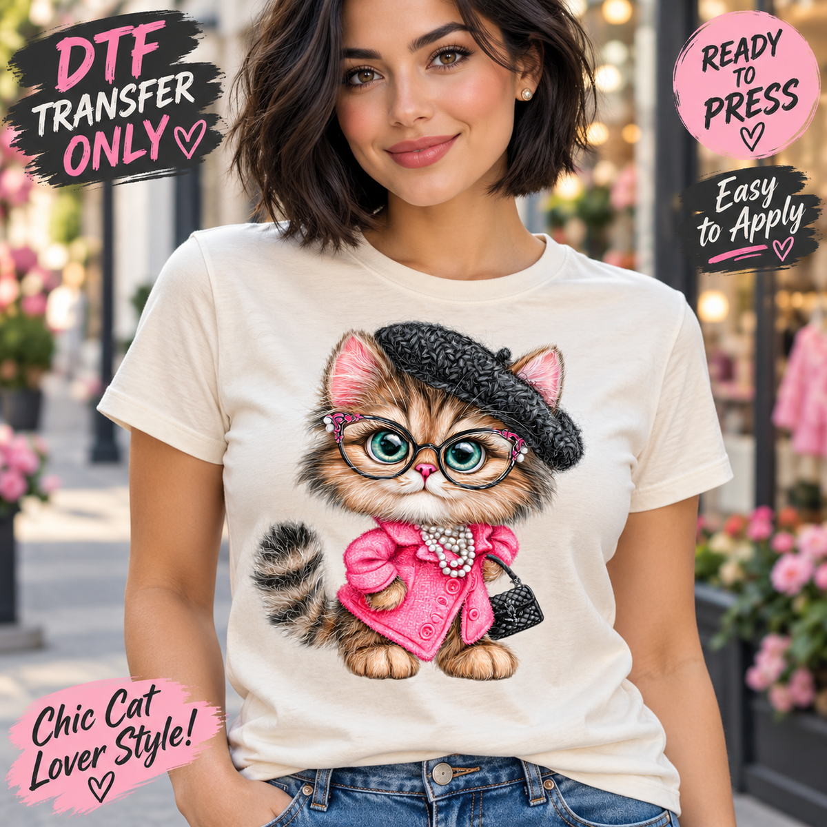 A woman wearing a cream-colored t-shirt with a graphic of a stylish cat in a pink outfit and black beret. The background is a blurred outdoor street scene with pink flowers.