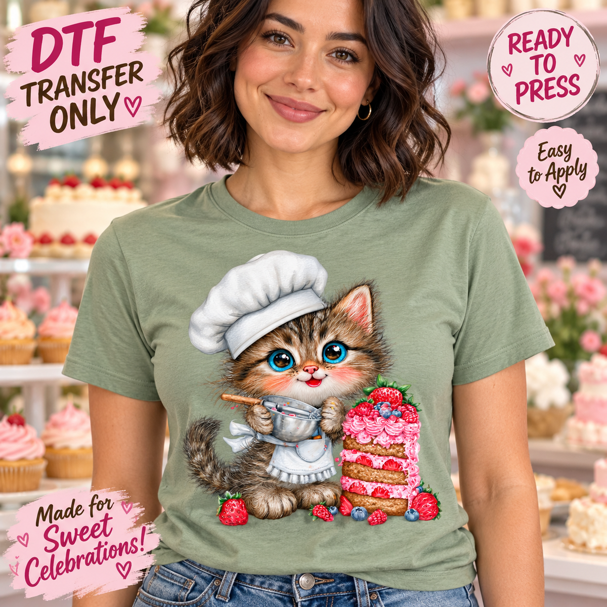A woman wearing a sage green t-shirt with a cartoon graphic of a kitten in a chef hat holding a spoon next to a pink cake. The image has promotional text overlays for a DTF transfer product.