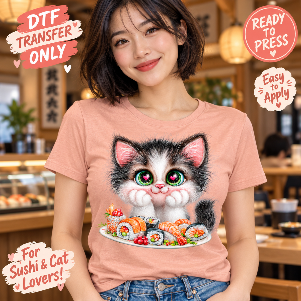 A woman wearing a peach-colored t-shirt with a large graphic of a cute black-and-white cat eating sushi. The background is a blurred sushi restaurant, with promotional text overlays reading 'DTF TRANSFER ONLY', 'READY TO PRESS', 'Easy to Apply', and 'For Sushi & Cat Lovers!'.