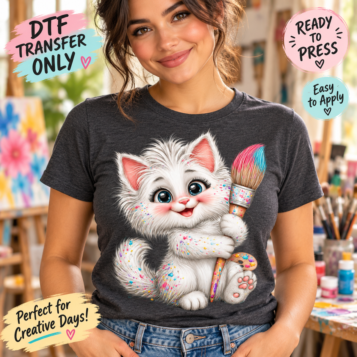 Artist Kitten Paintbrush DTF Transfer 15782