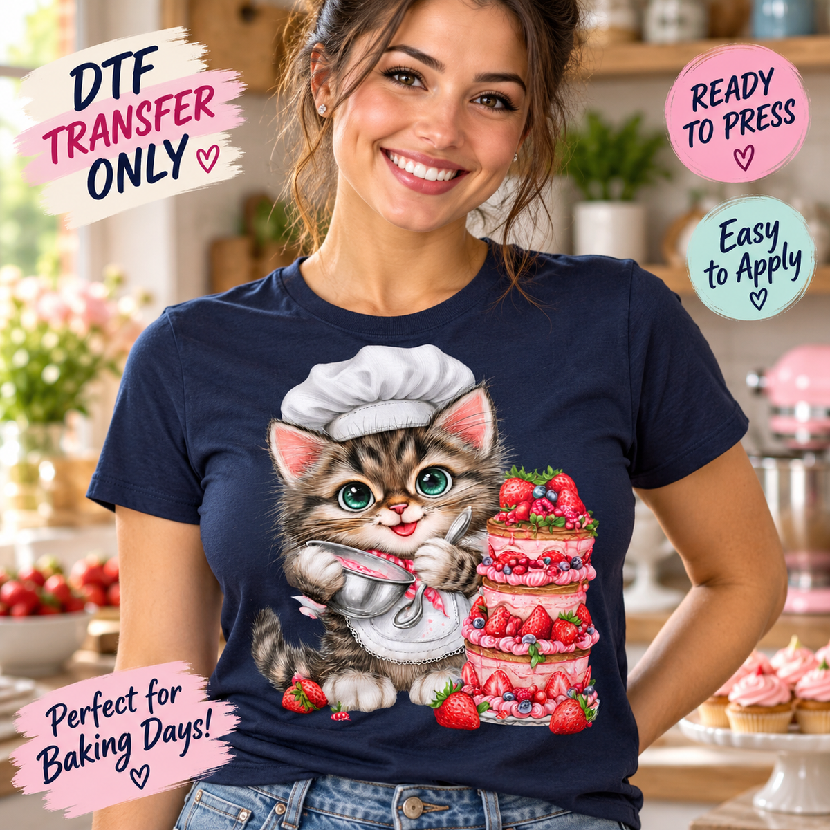 A woman wearing a navy blue t-shirt with a colorful graphic of a cute kitten chef holding a whisk next to a strawberry cake. The image includes promotional text overlays for a DTF transfer product.