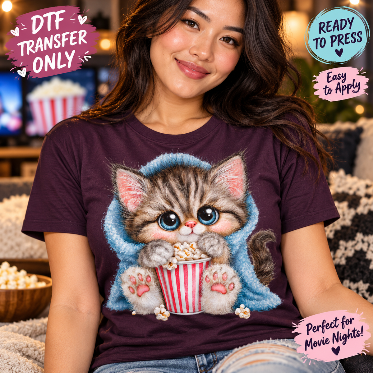 A woman wearing a dark purple t-shirt with a graphic of a cute tabby kitten in a blue blanket holding a bucket of popcorn. The image includes promotional text overlays: 'DTF TRANSFER ONLY', 'READY TO PRESS', 'Easy to Apply', and 'Perfect for Movie Nights!'.