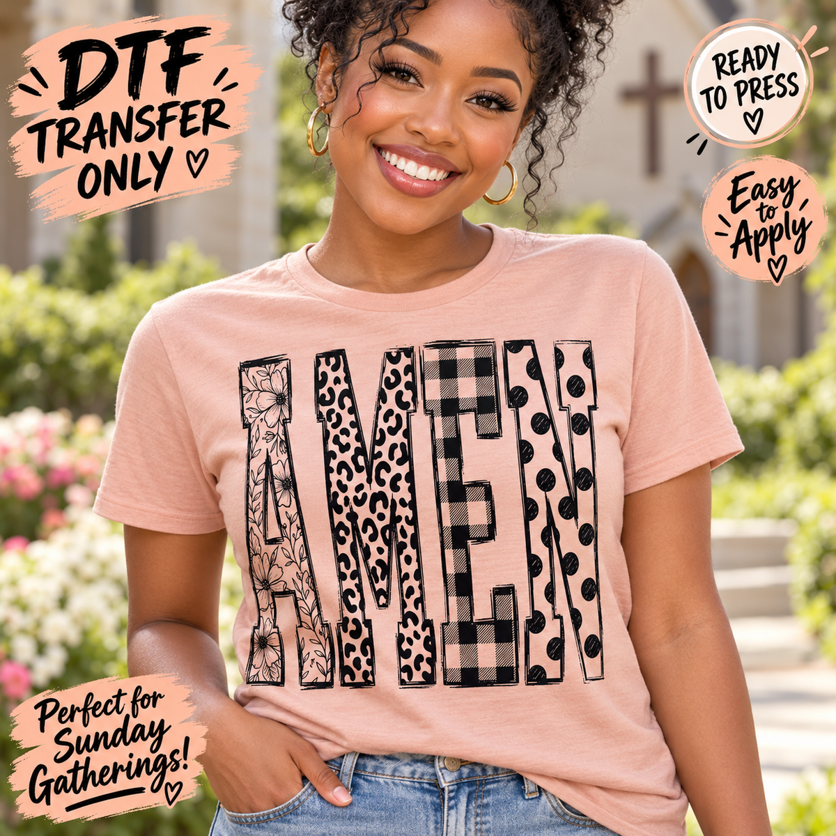 Woman in a light pink tee modeling black AMEN DTF lettering with floral, leopard, buffalo plaid, and polka dot patterns.