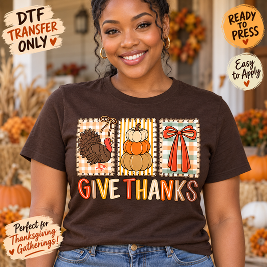 Woman in a brown tee modeling a Give Thanks DTF design with three patterned panels showing a turkey, stacked pumpkins, and an orange bow.