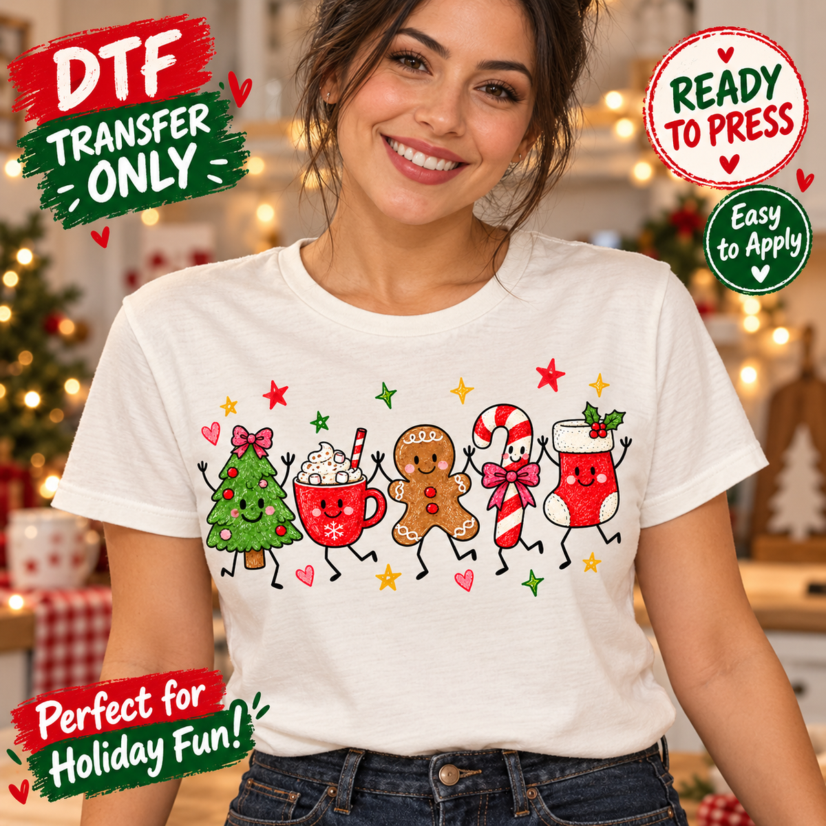 Woman in a white tee modeling dancing Christmas DTF characters: a tree, cocoa mug, gingerbread cookie, candy cane, and stocking with stars and hearts.