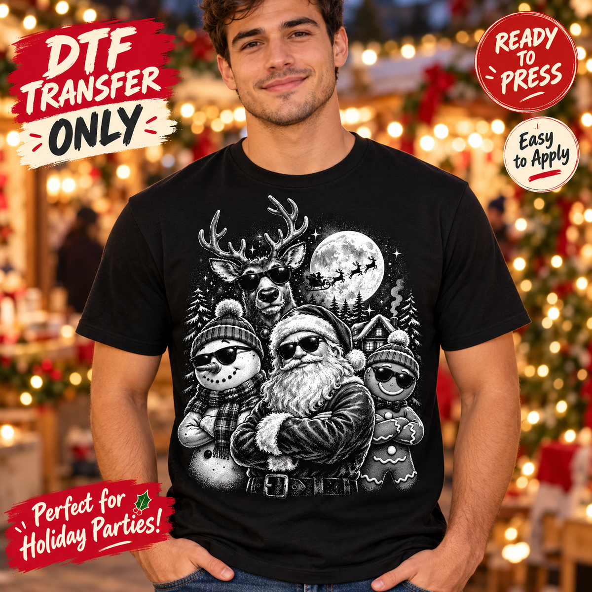 Man in a black tee modeling monochrome Christmas DTF artwork with Santa, a reindeer, a snowman, and a gingerbread character wearing sunglasses.