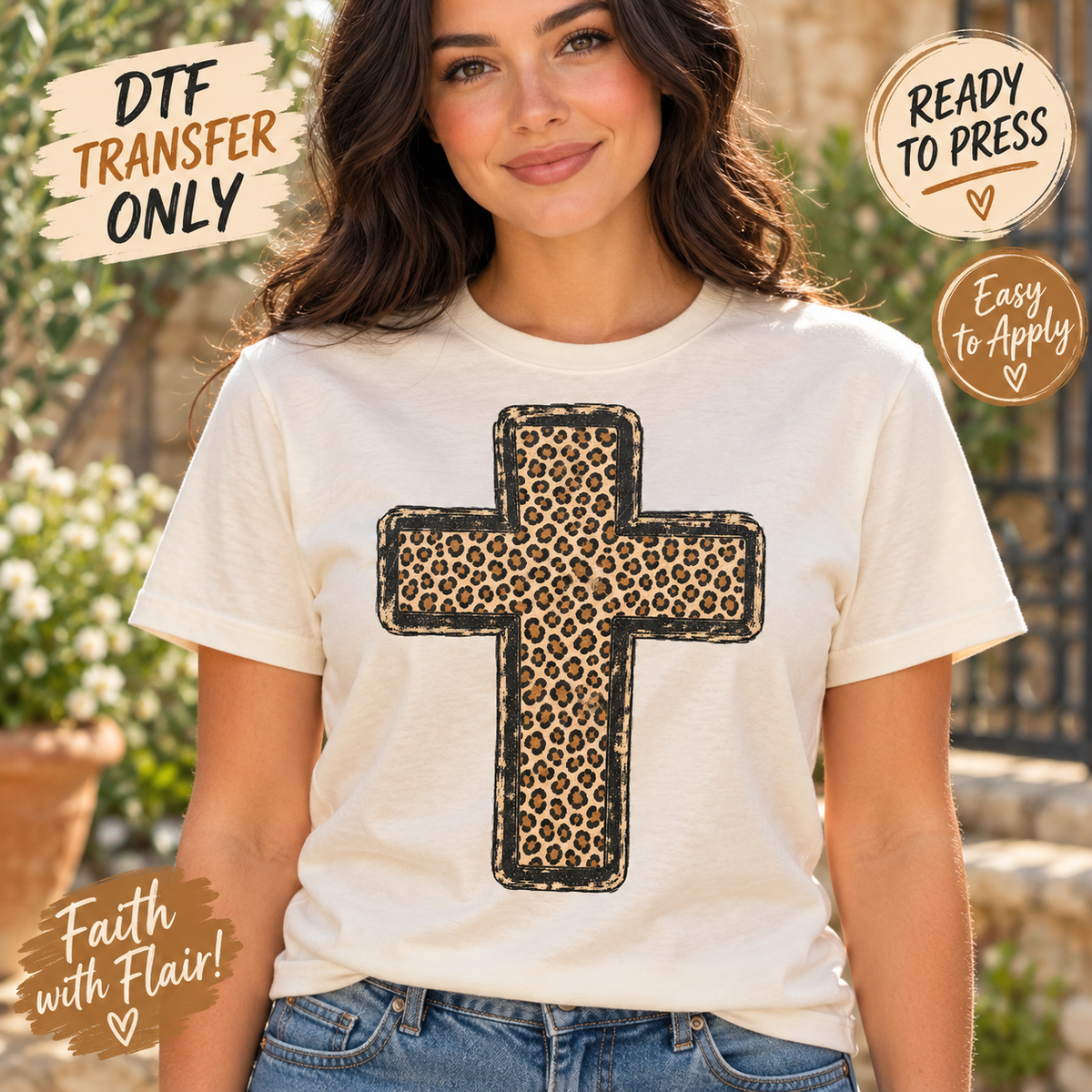 Woman in a cream tee modeling a leopard-print cross DTF design with a distressed black and tan outline.