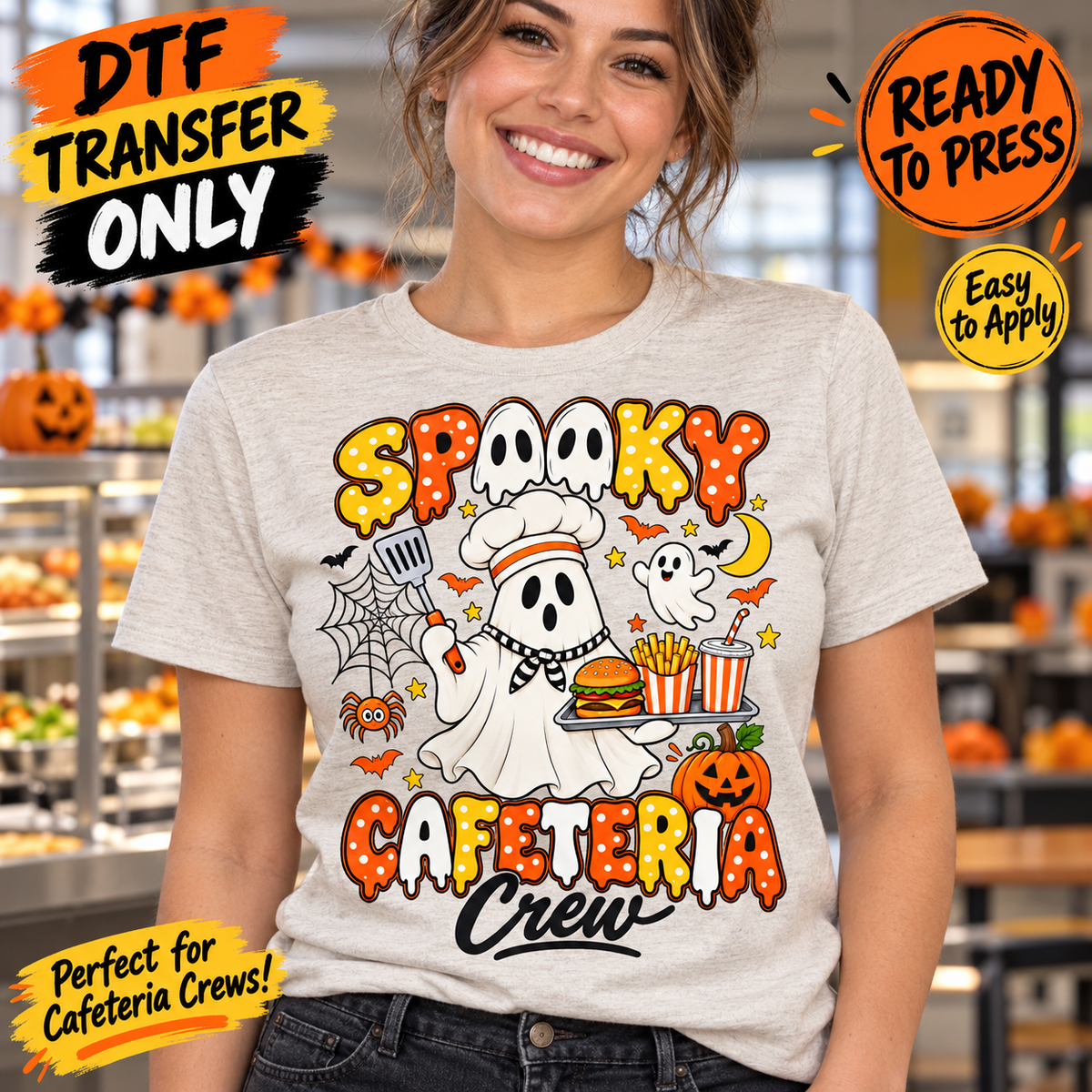 Woman in a light heather tee modeling Spooky Cafeteria Crew DTF artwork with black Crew script and a ghost chef holding a burger, fries, and drink.