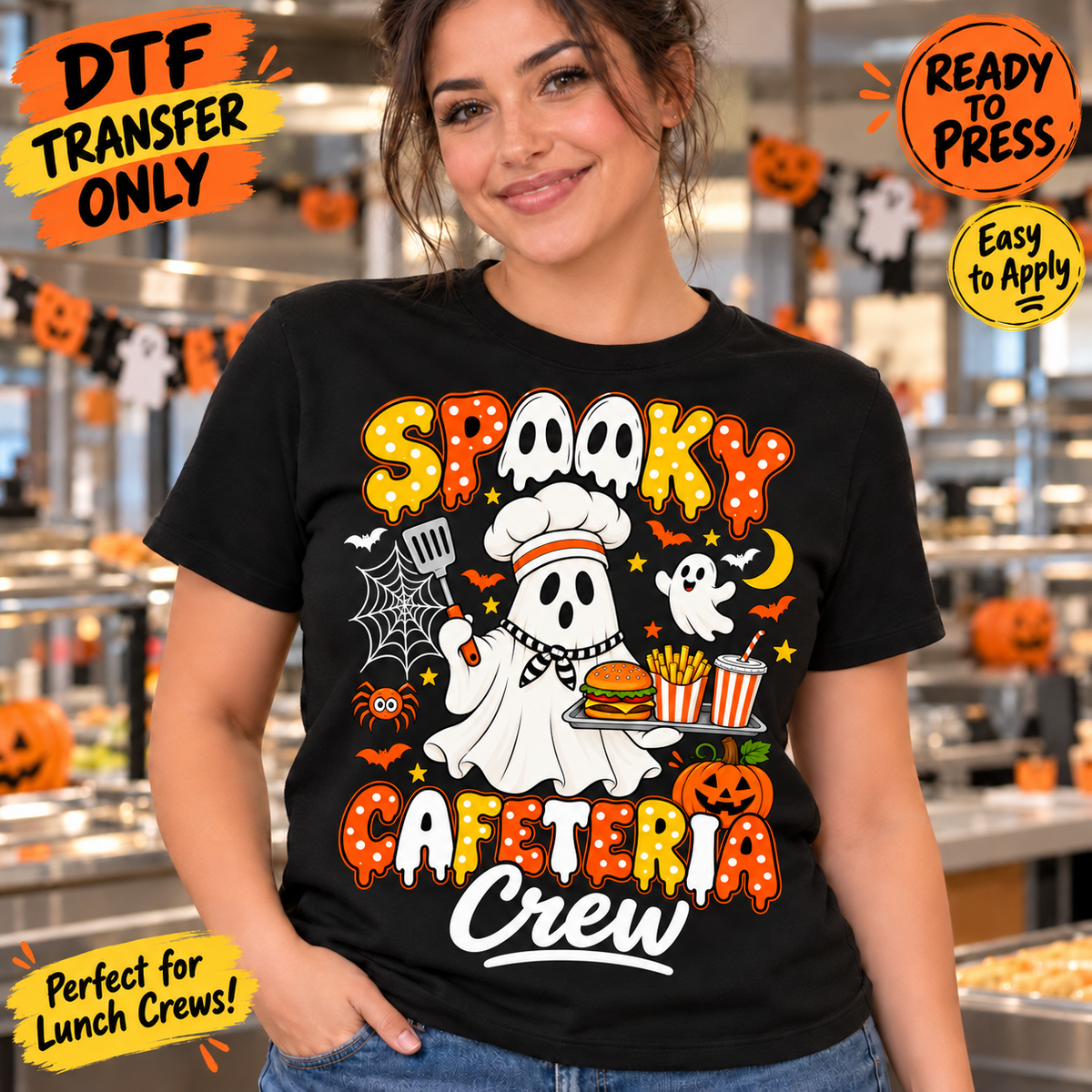 Woman in a black tee modeling Spooky Cafeteria Crew DTF artwork with white Crew script and a ghost chef holding a burger, fries, and drink.