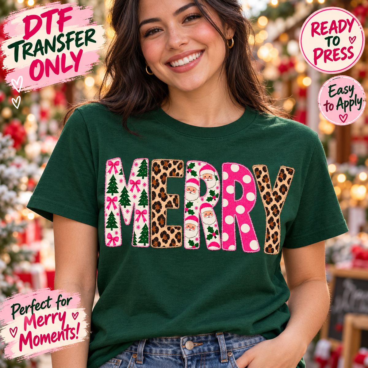 Woman modeling a green shirt with Merry Christmas patchwork lettering, pink bows, Santa faces and leopard patterns; DTF transfer-only mockup.