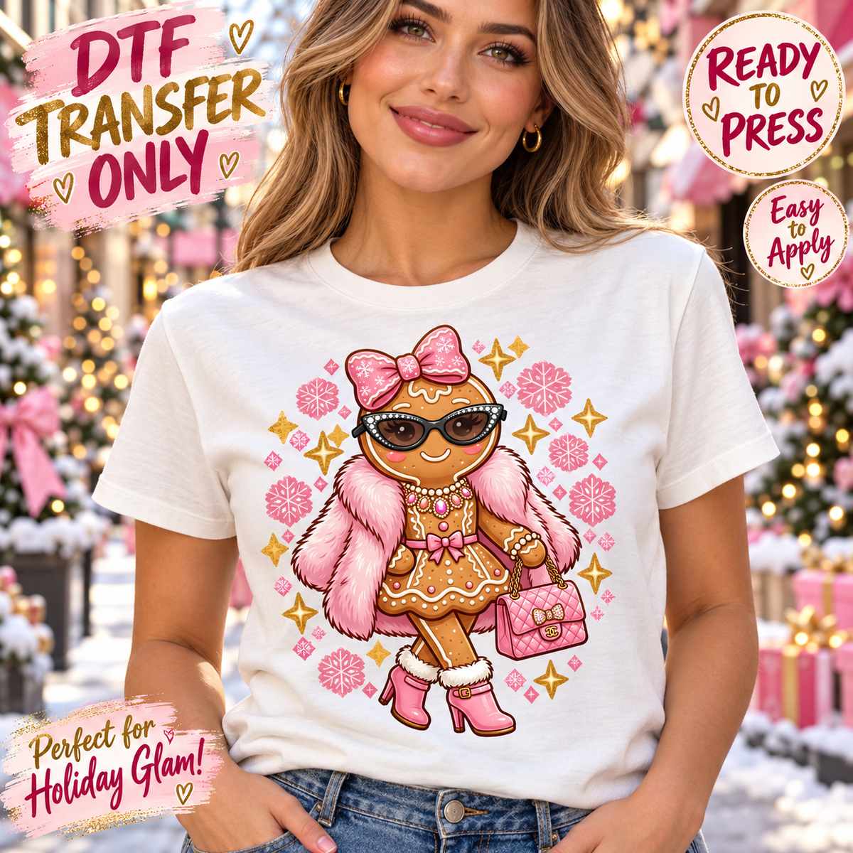 Woman modeling a white shirt with a gingerbread girl wearing sunglasses, a pink coat, bow and boots among pink snowflakes; Christmas DTF mockup.