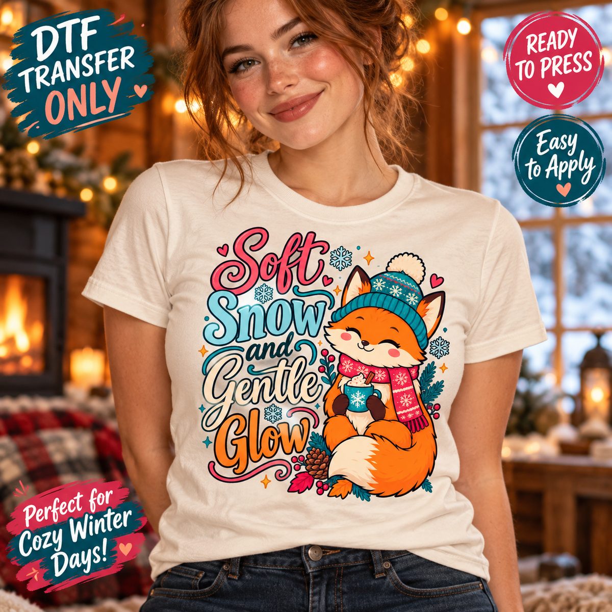 Woman in a cream shirt with Soft Snow and Gentle Glow lettering and an orange fox in a winter hat and scarf holding a mug; winter DTF transfer mockup.
