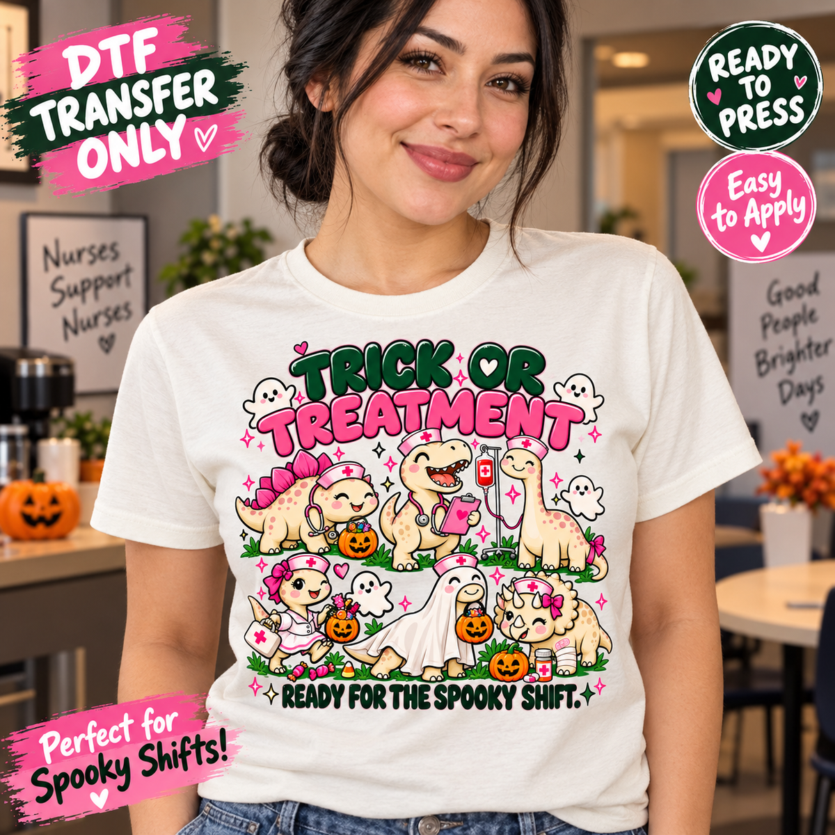 Woman in a cream shirt with Trick or Treatment wording, cartoon nurse dinosaurs, ghosts and Ready for the Spooky Shift text; Halloween nurse DTF mockup.