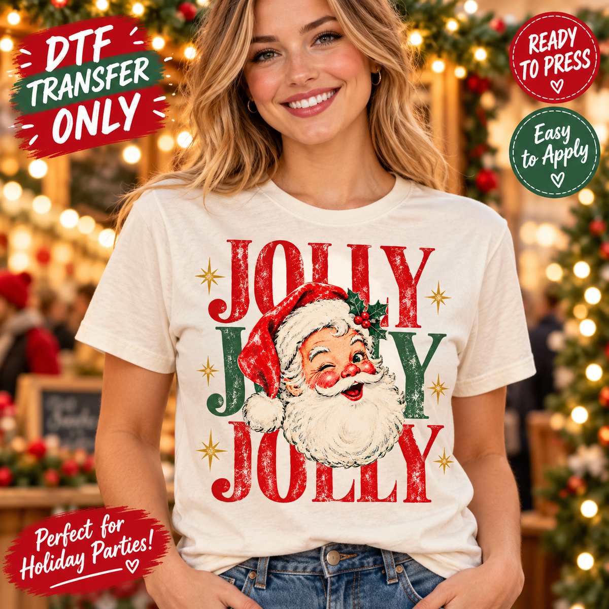Woman modeling a cream shirt with repeated red and green Jolly lettering, a winking vintage-style Santa face and gold stars; Christmas DTF mockup.