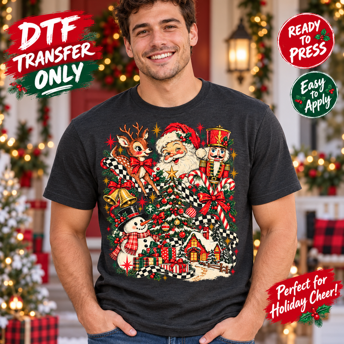 Man in a charcoal shirt with a Christmas collage of Santa, reindeer, nutcracker, snowman, tree and presents accented by checkered ribbons; DTF mockup.