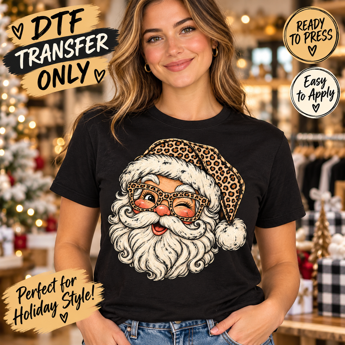 Woman in a black shirt with a winking Santa face wearing a leopard-print hat and matching glasses; ready-to-press Christmas DTF transfer mockup.