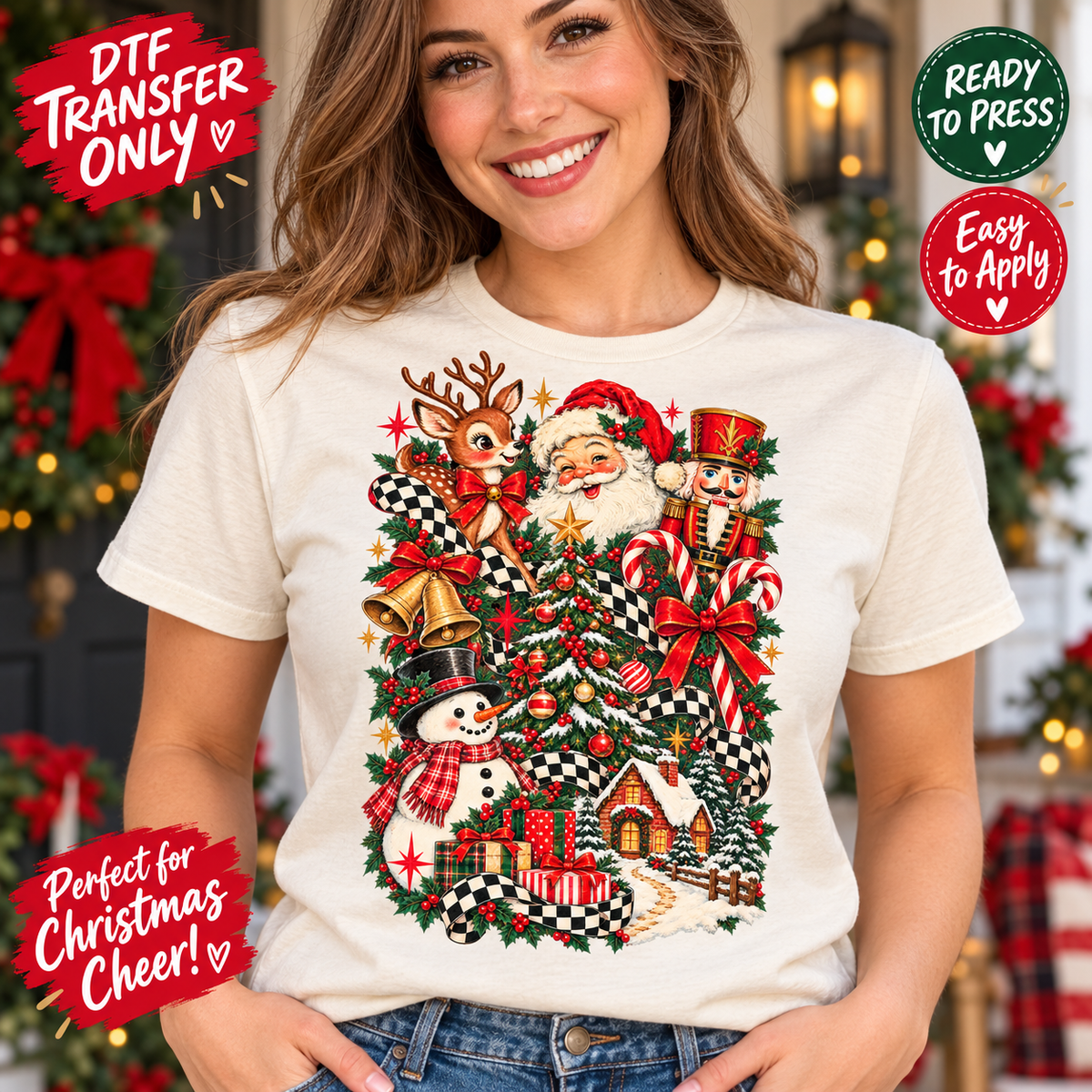 Woman in a cream shirt with a detailed Christmas collage featuring Santa, reindeer, nutcracker, snowman, tree and gifts with checkered ribbons; DTF mockup.
