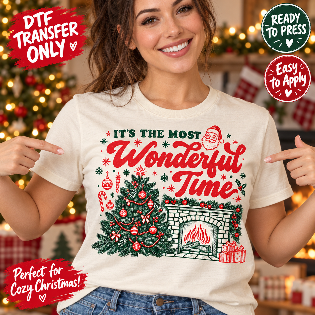Woman modeling a cream shirt with It's the Most Wonderful Time lettering, a decorated Christmas tree and fireplace scene; DTF transfer-only mockup.