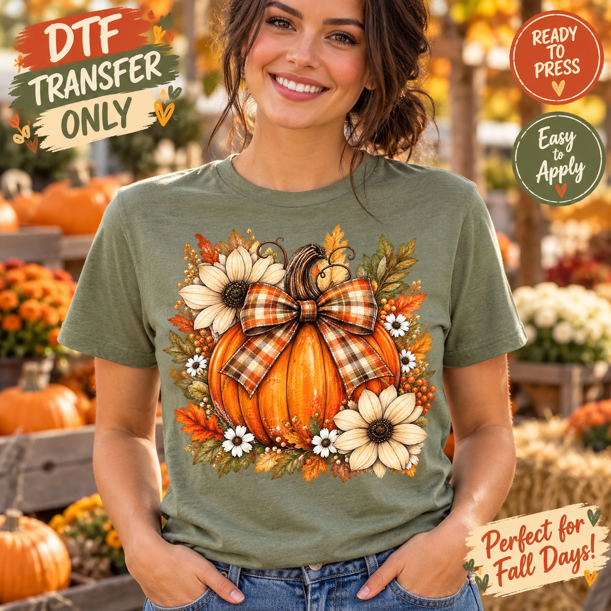 Woman modeling a sage green shirt with an orange pumpkin, autumn plaid bow, cream flowers and fall foliage; ready-to-press fall DTF transfer mockup.