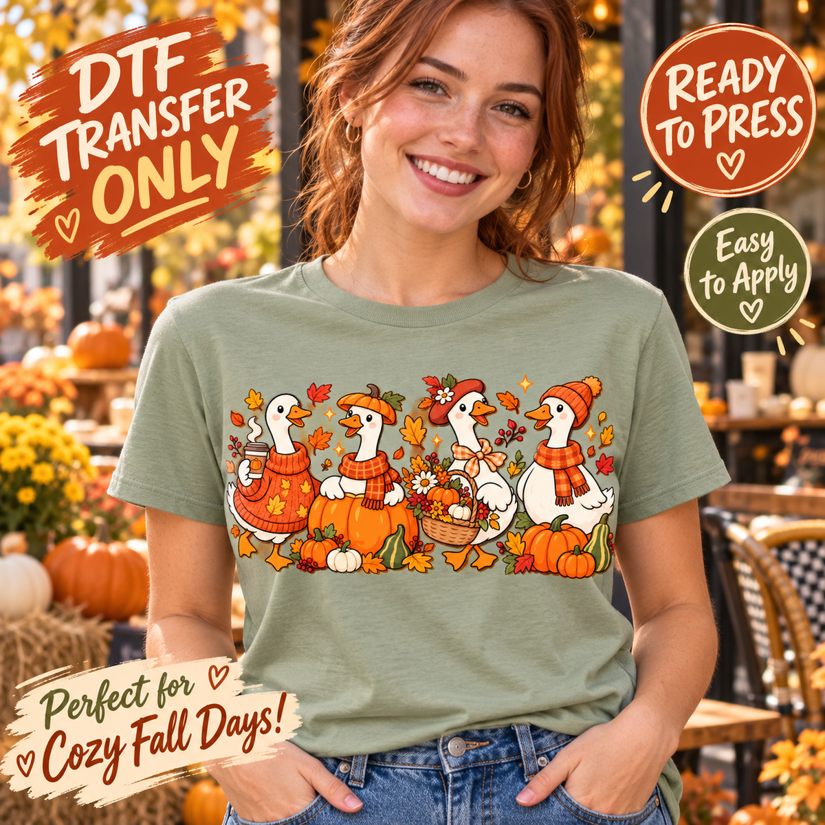 Woman modeling a sage green shirt with four geese in fall outfits among pumpkins, autumn leaves and a harvest basket; fall DTF transfer-only mockup.