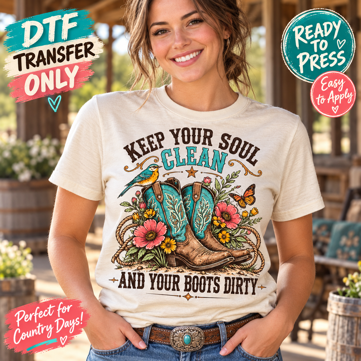 Woman in a cream shirt with floral turquoise cowboy boots, rope and Keep Your Soul Clean and Your Boots Dirty lettering; western DTF transfer mockup.