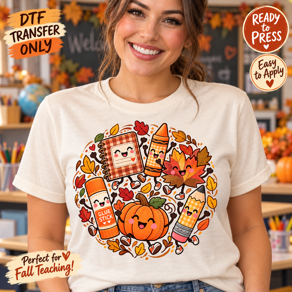 Woman modeling a cream shirt with smiling notebook, crayon, glue stick and pencil characters alongside a turkey, pumpkin and leaves; fall teacher DTF mockup.