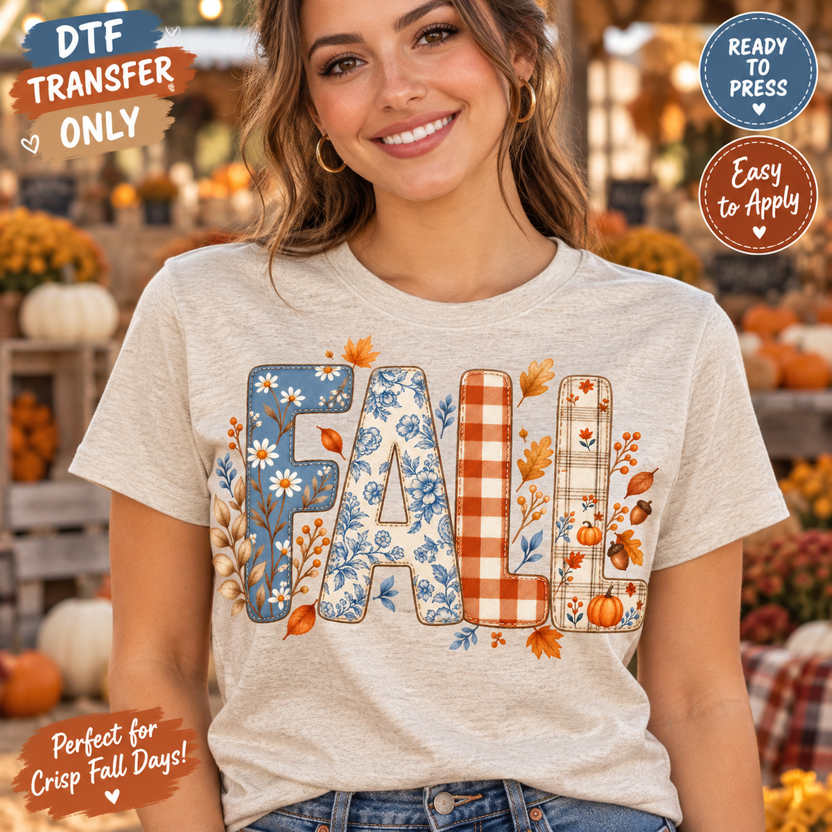 Woman modeling a heather grey shirt with large Fall patchwork letters in blue floral, orange gingham and plaid patterns with autumn leaves; DTF mockup.