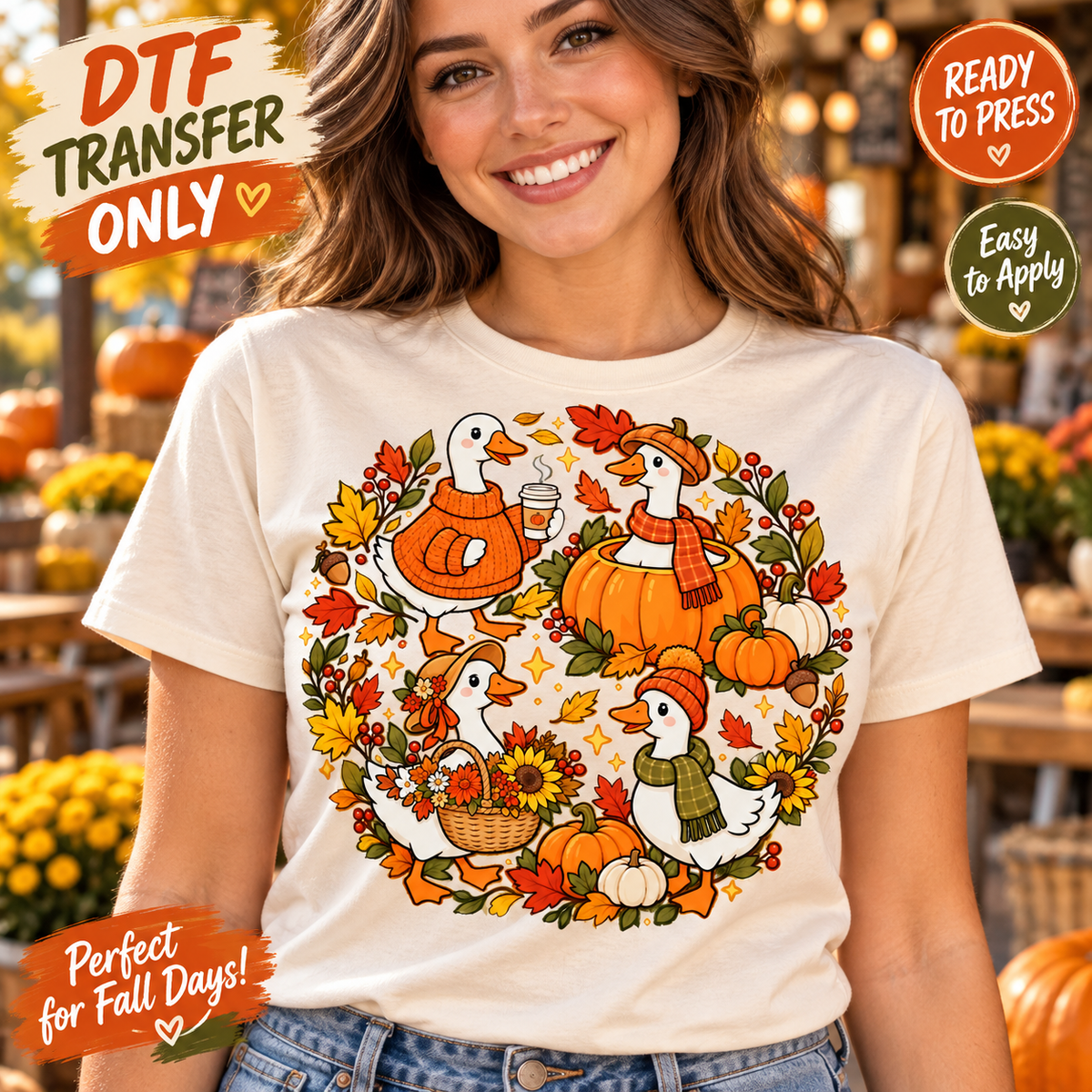 Woman in a white shirt displaying geese, pumpkins, and autumn leaves in a circular fall design.