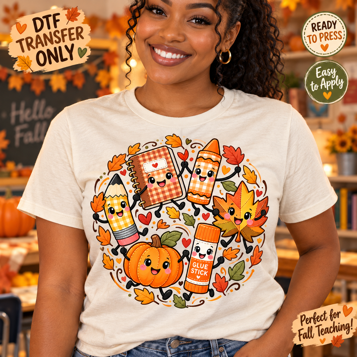Woman in a cream shirt displaying smiling school supplies, a pumpkin, and colorful fall leaves.