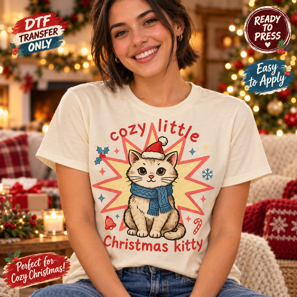 Woman in a cream shirt displaying a kitten in a red hat and blue scarf with Cozy Little Christmas Kitty lettering.