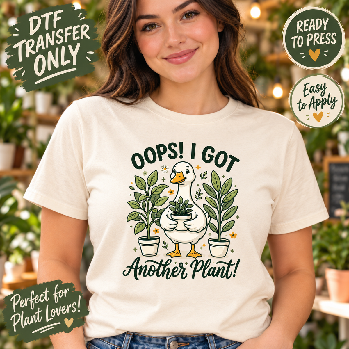 Woman in a white shirt displaying potted plants and Oops! I Got Another Plant! lettering.