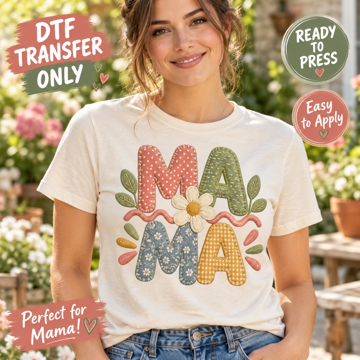 Woman in a white shirt displaying patterned MAMA lettering with a flower, leaves, and decorative accents.