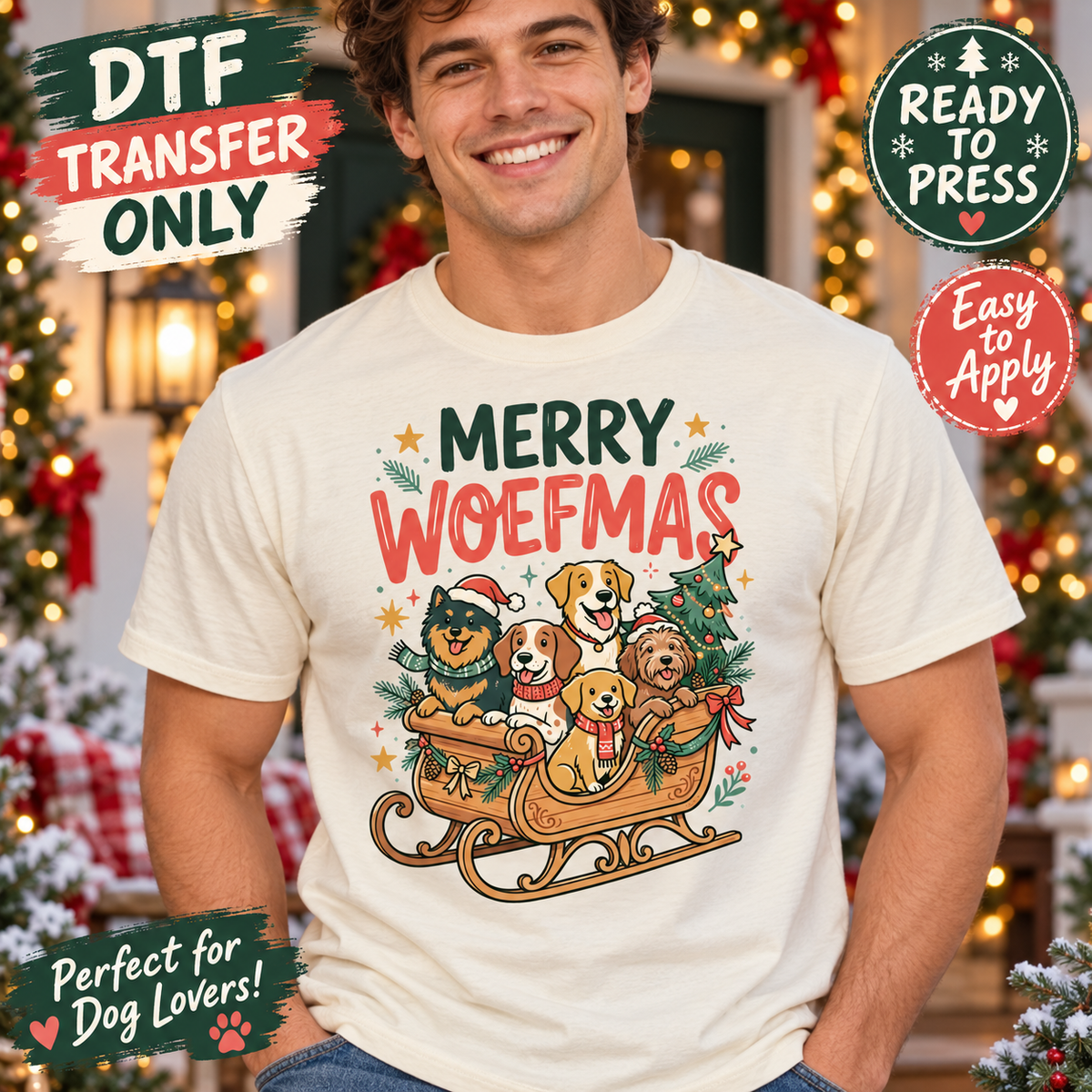 Man in a cream shirt displaying Merry Woofmas lettering and a group of dogs in a decorated Christmas sleigh.