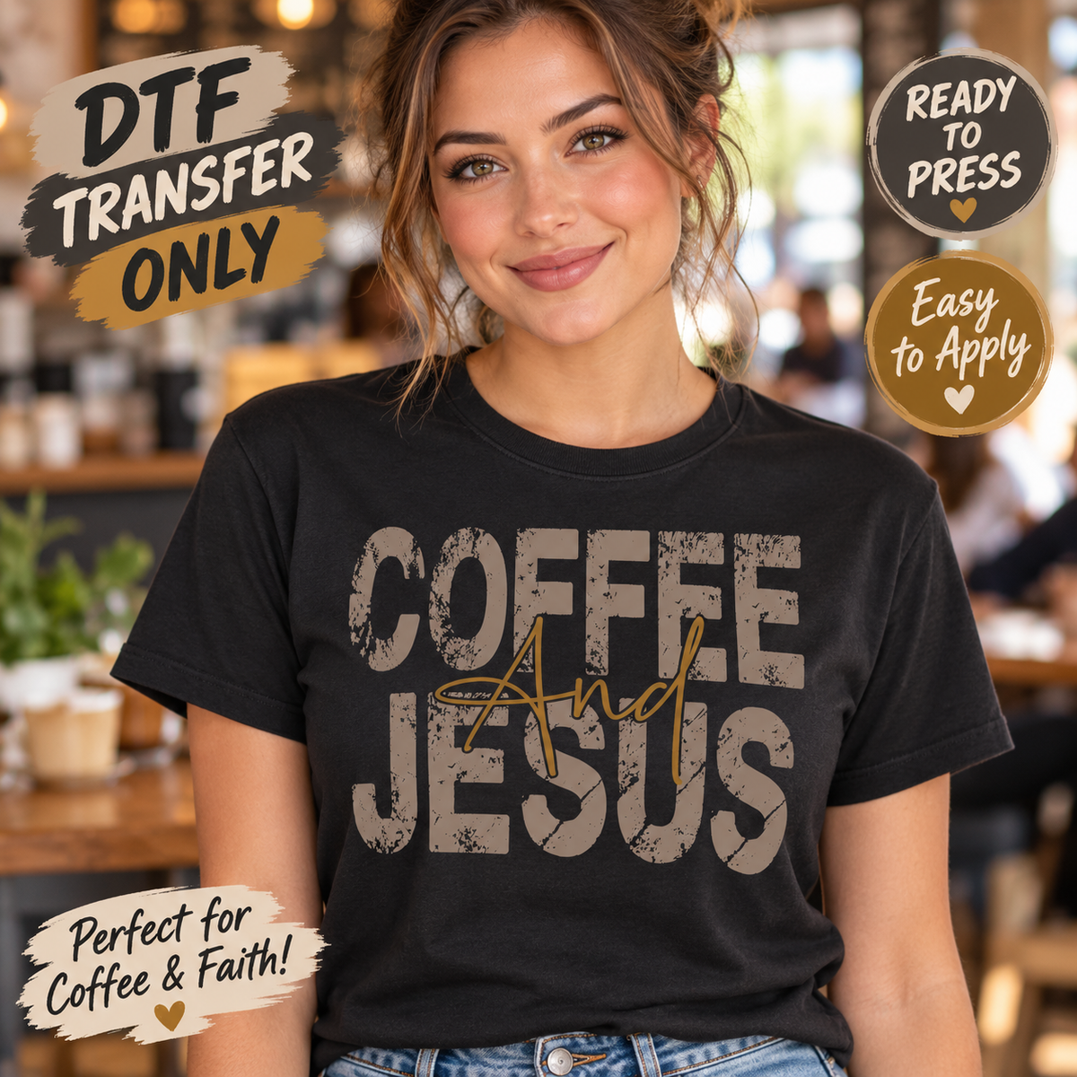 Woman in a black shirt displaying distressed Coffee and Jesus lettering with a script accent.