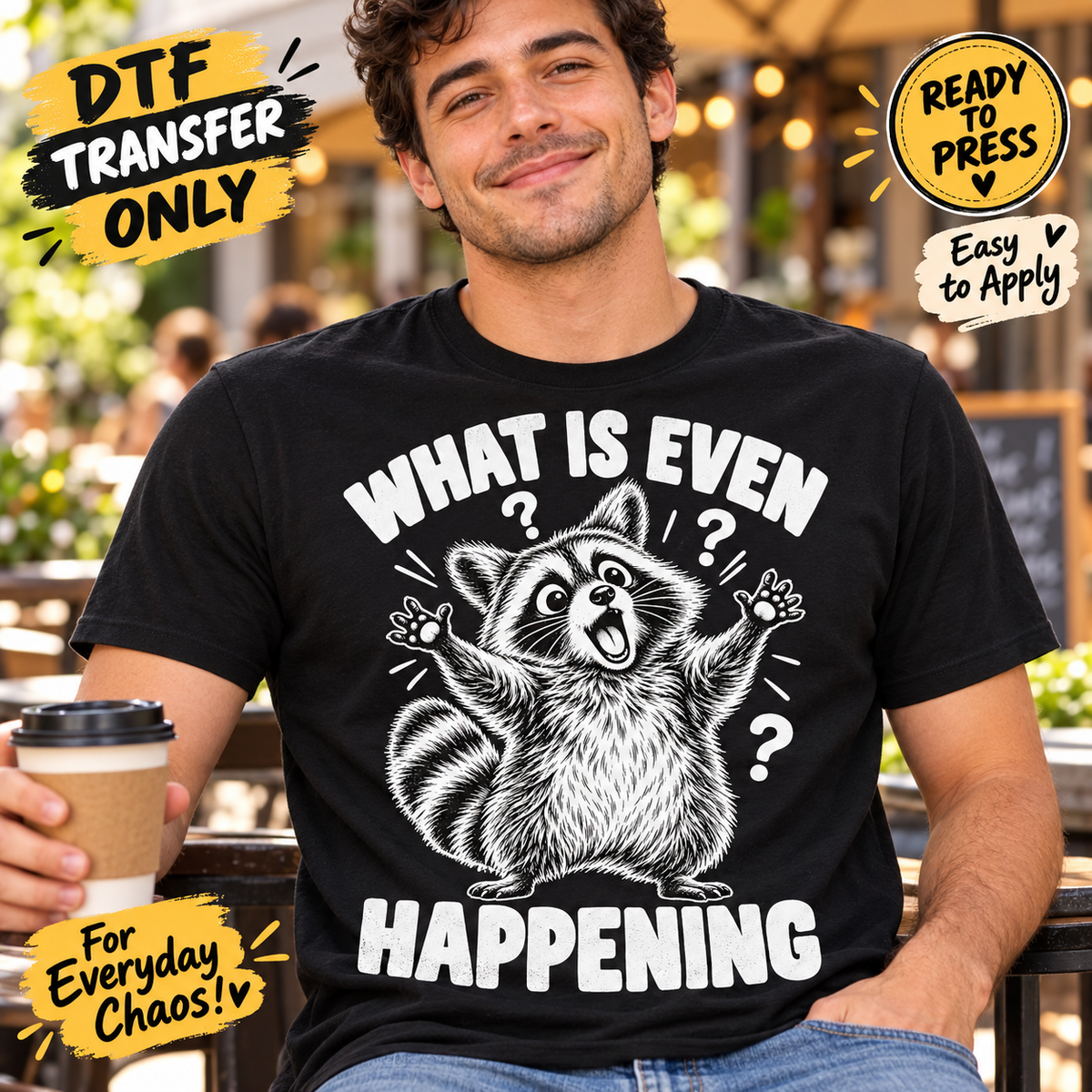 Man in a black shirt displaying a bewildered raccoon with What Is Even Happening lettering and question marks.