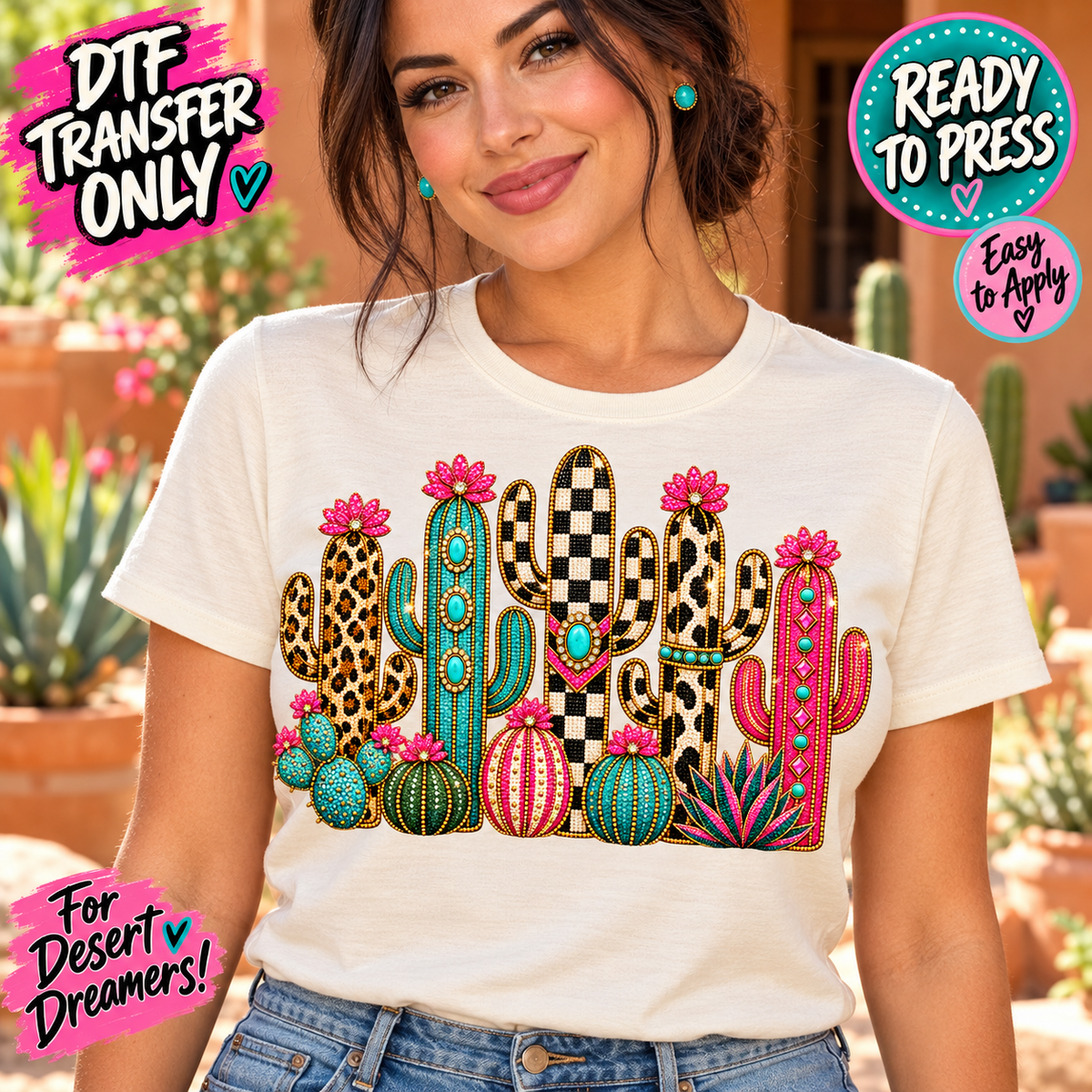 Woman in a cream shirt displaying colorful cacti with leopard and checkerboard patterns and bright flowers.
