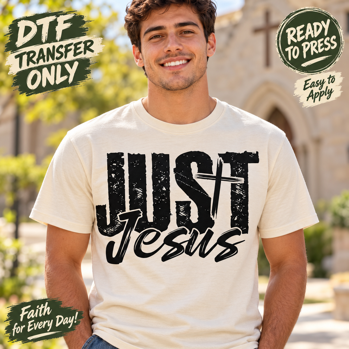 Man in a white shirt displaying black distressed JUST lettering with Jesus written in script.
