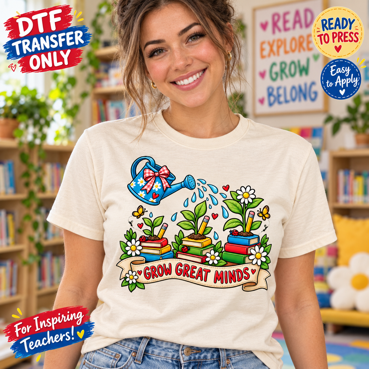 Woman in a cream shirt displaying books, plants, a watering can, and Grow Great Minds lettering.