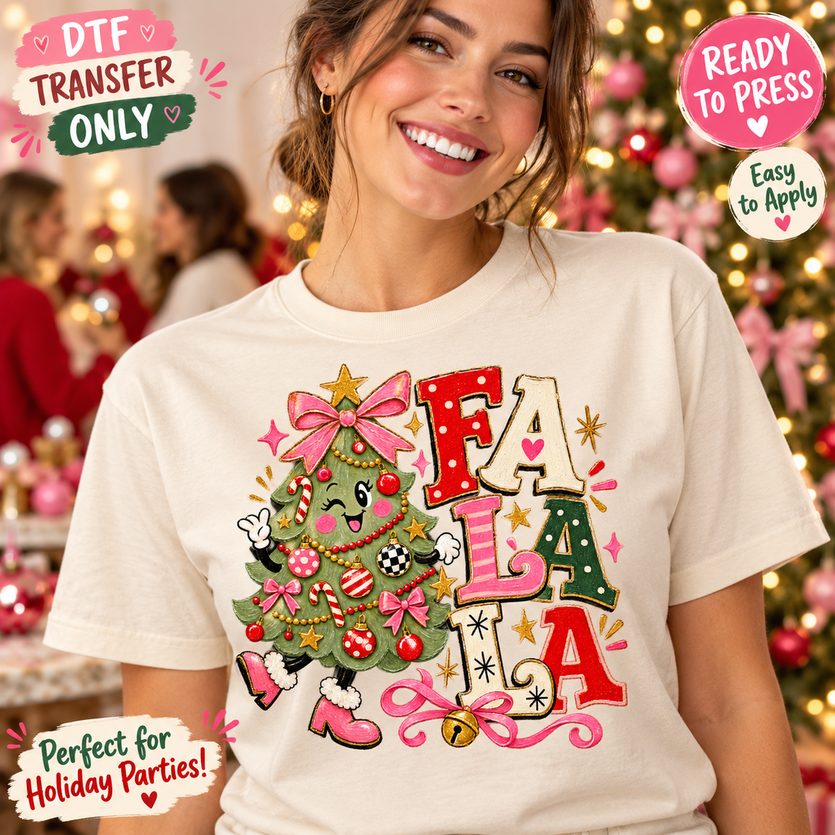 Woman in a cream shirt displaying a smiling Christmas tree, pink bows, and colorful patterned Fa La La lettering.
