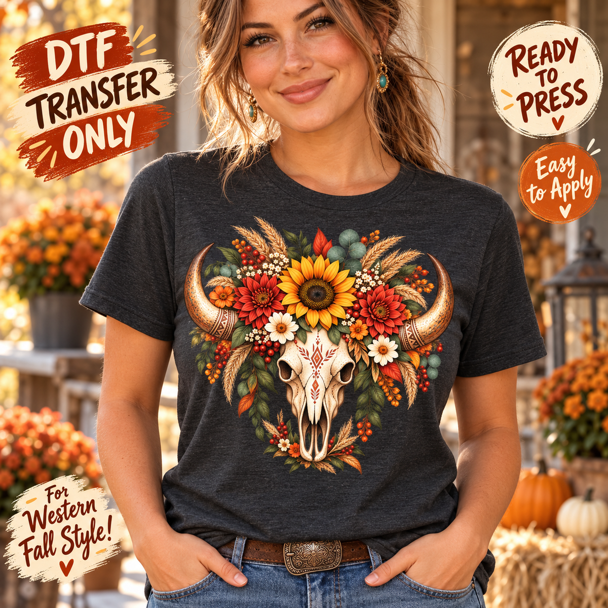 Woman in a charcoal shirt displaying a longhorn skull decorated with sunflowers, autumn flowers, and foliage.