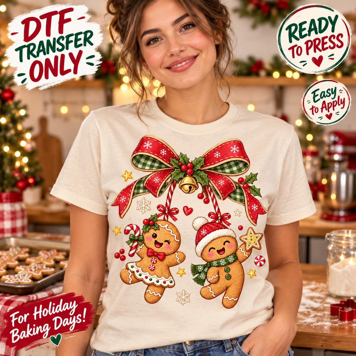 Woman in a cream shirt displaying two decorated gingerbread characters beneath a red and green Christmas bow.