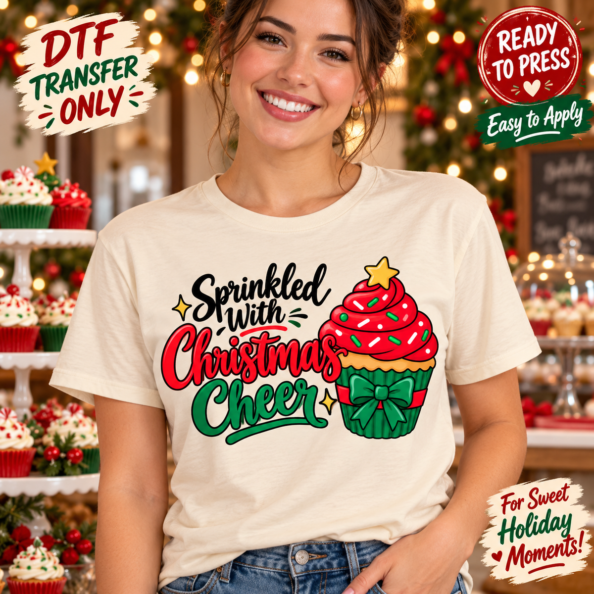 Woman in a cream shirt displaying Sprinkled with Christmas Cheer lettering beside a decorated Christmas cupcake.