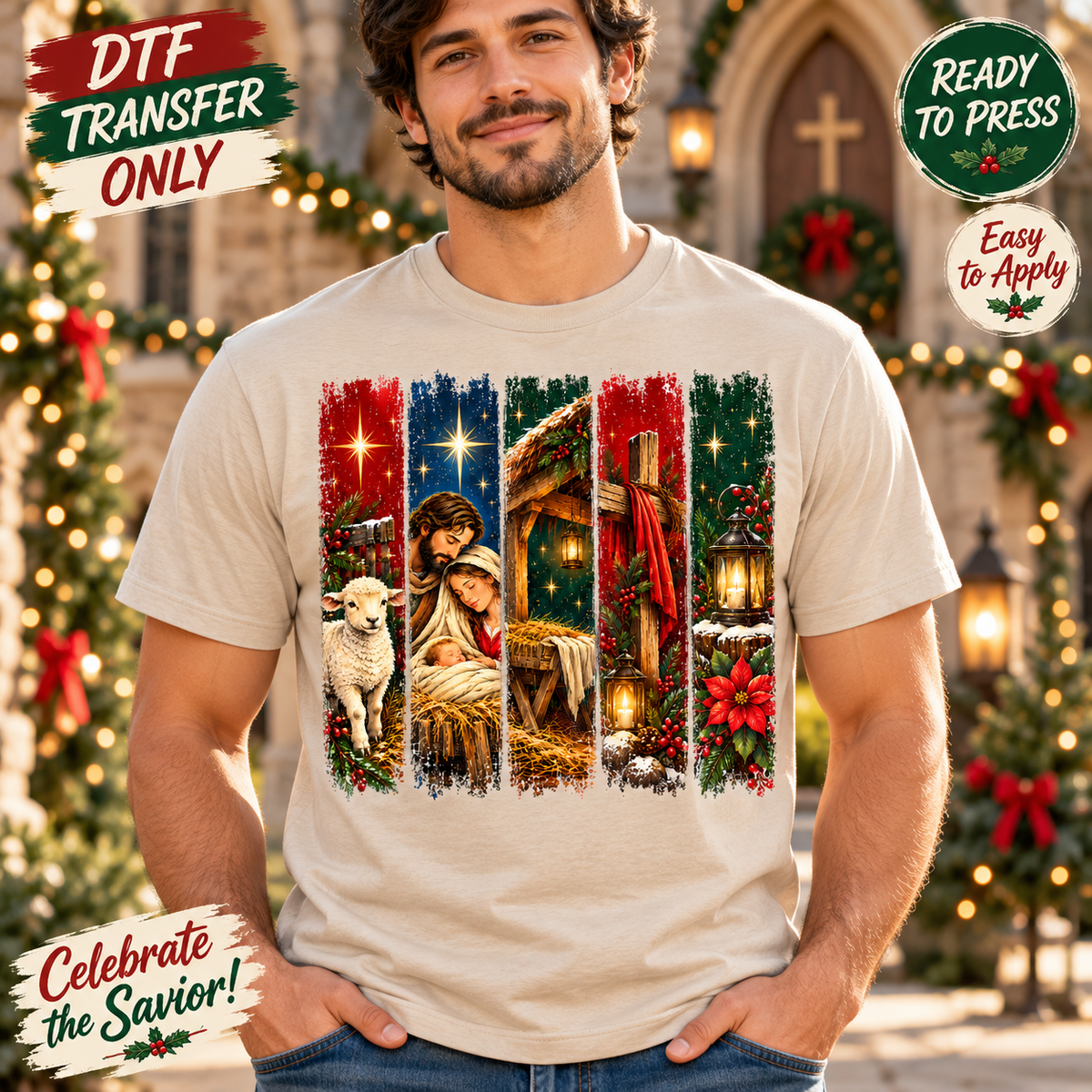 Man in a sand shirt displaying a Christmas nativity scene with baby Jesus, a lamb, stars, and colorful vertical brushstroke-style framing.