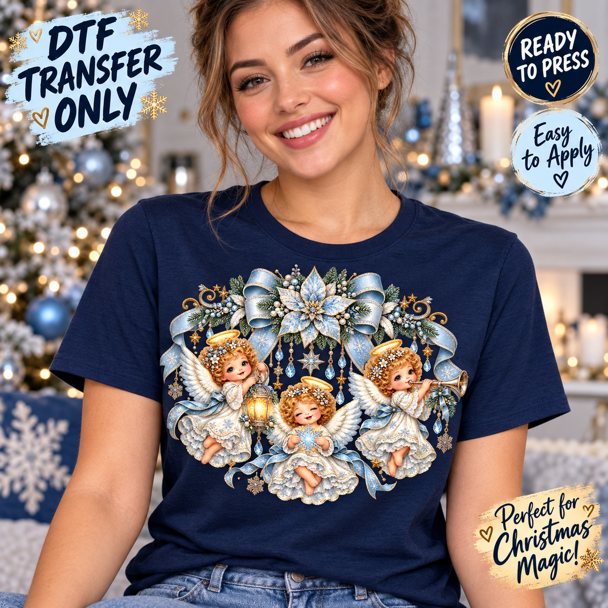 Woman in a navy shirt displaying three vintage-style angels, blue bows, stars, and a pale floral accent.