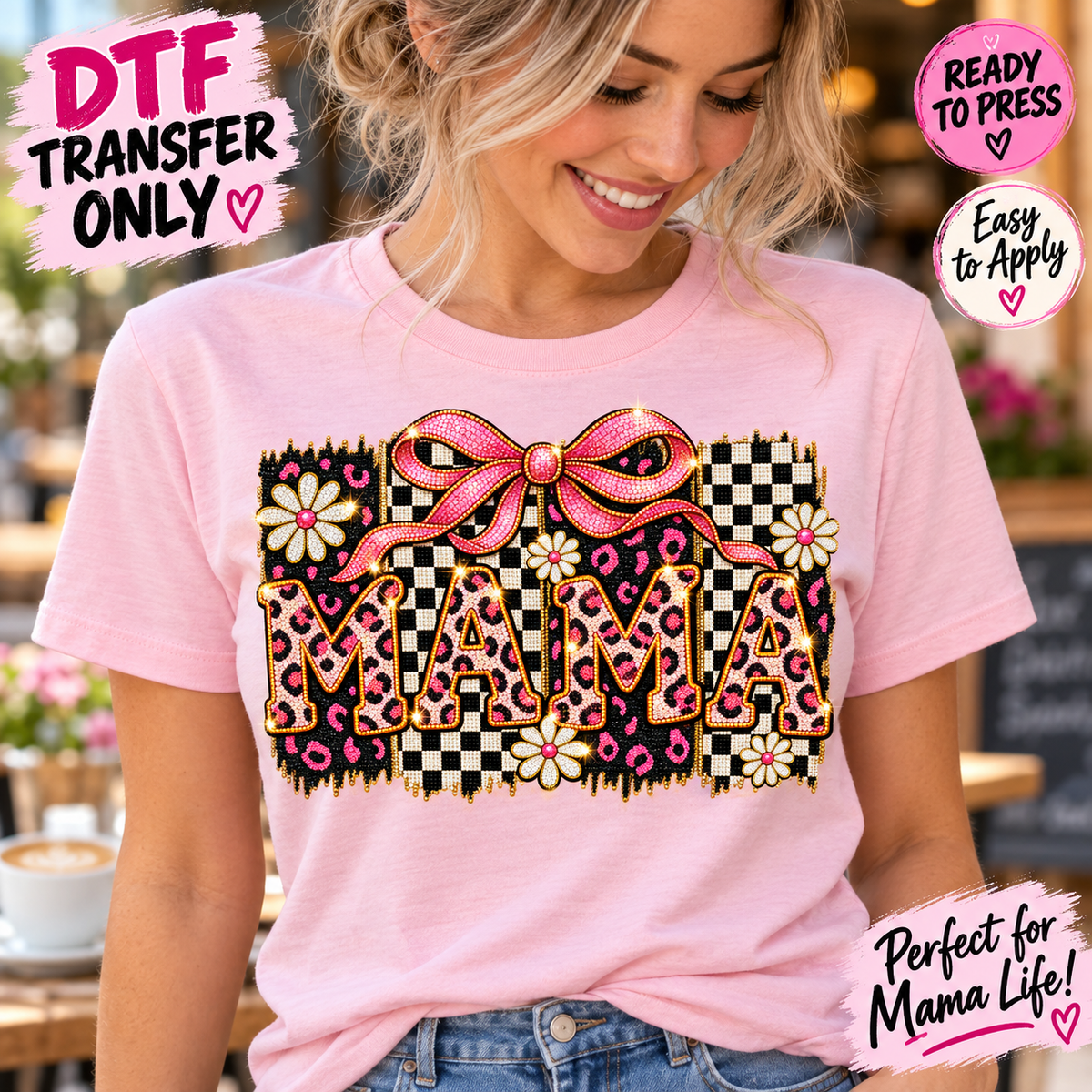 Woman in a light pink shirt displaying MAMA lettering with leopard and checkerboard patterns, flowers, and a large pink bow.