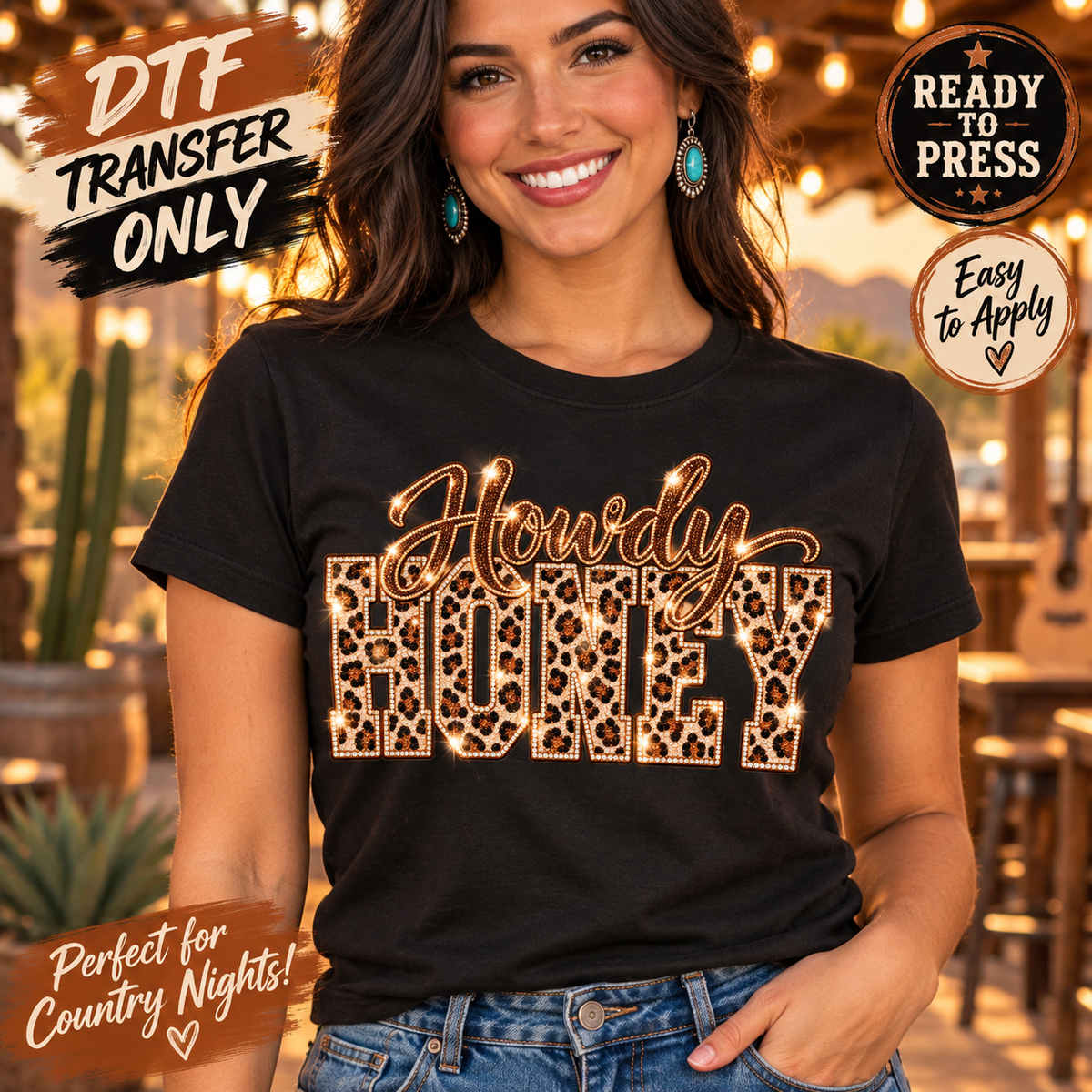Woman in a black shirt displaying Howdy Honey lettering with a script greeting and leopard-patterned block letters.