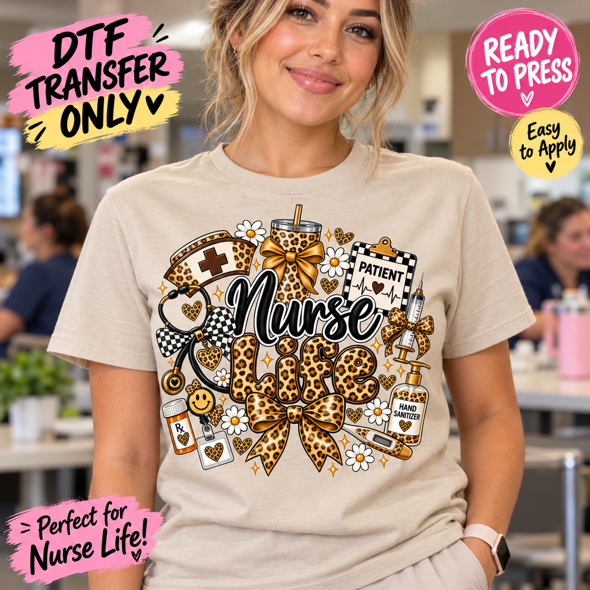 Woman in a sand shirt displaying Nurse Life lettering with leopard patterns, a bow, medical supplies, and a patient chart.