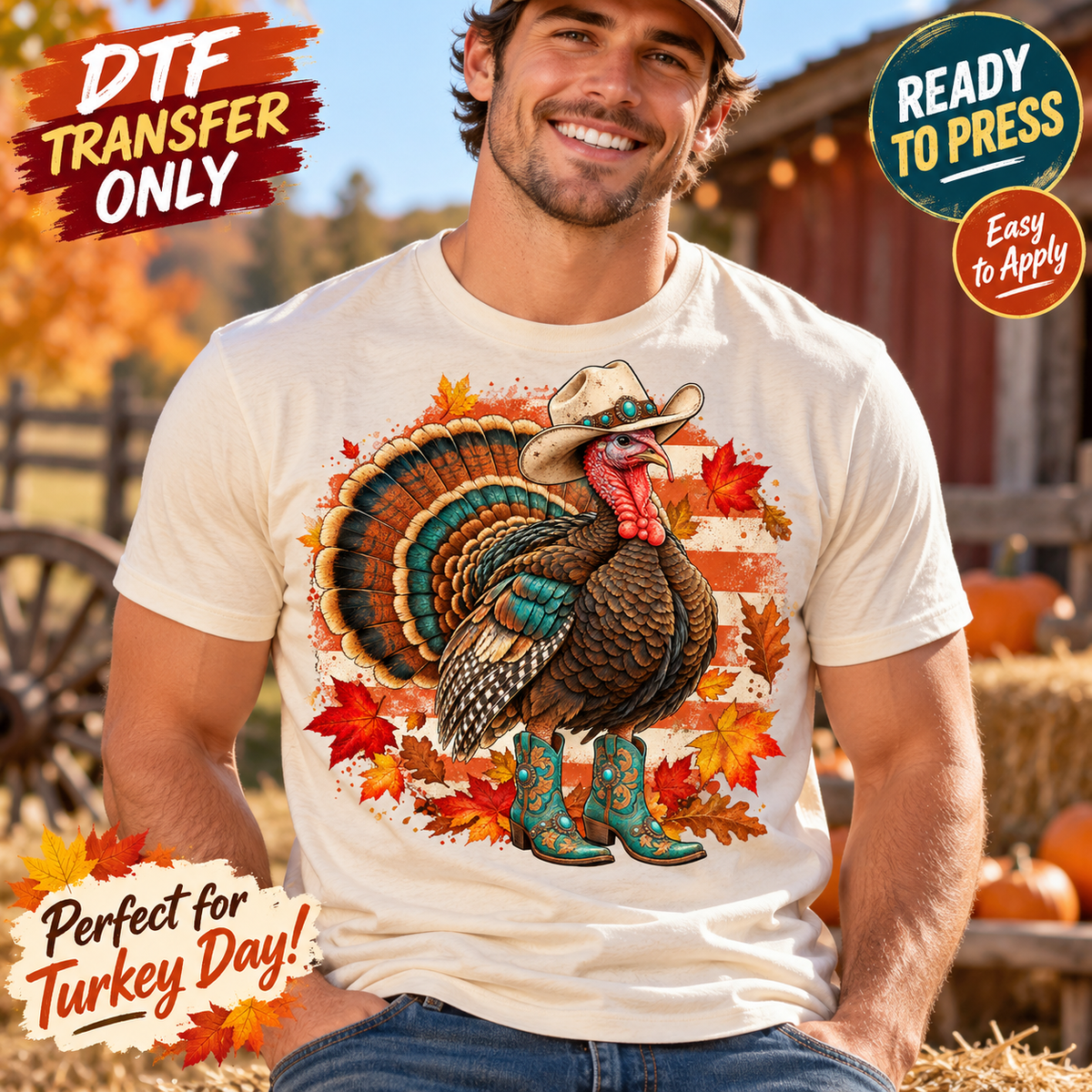 Man in a cream shirt displaying a turkey wearing a cowboy hat and colorful western boots, with fall leaves and sunflowers.