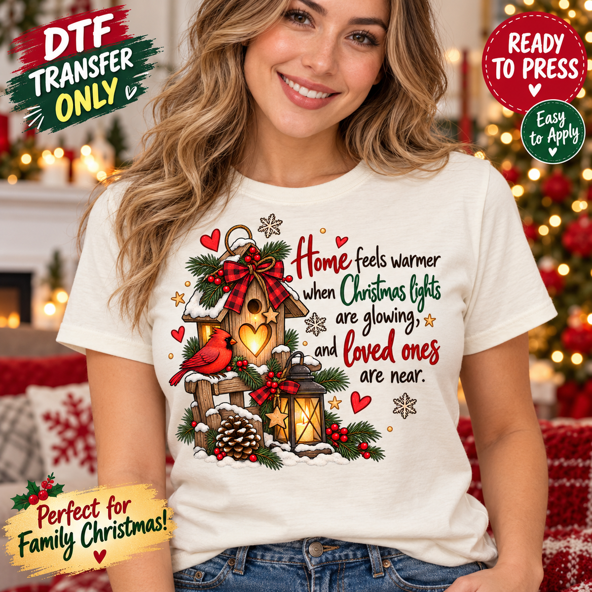 Woman in a cream shirt displaying a cardinal, birdhouse, lantern, and a message about Christmas lights and loved ones making home feel warmer.