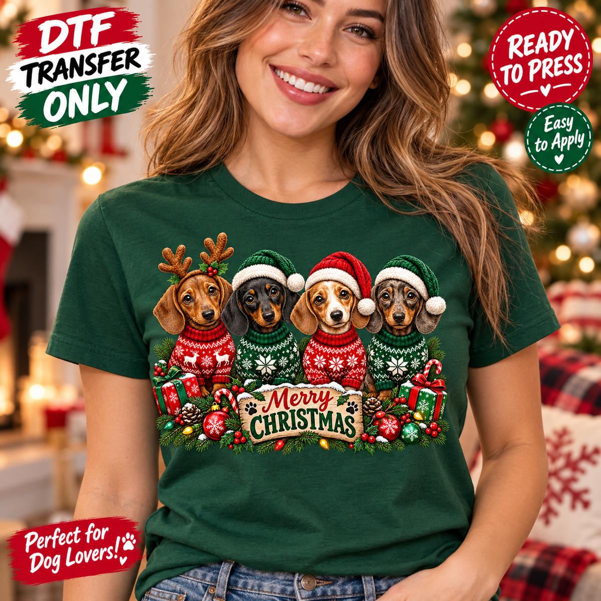 Woman in a dark green shirt displaying four dachshunds in Christmas hats and sweaters with Merry Christmas lettering.